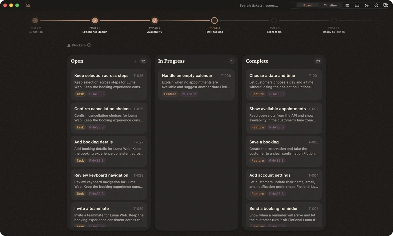 Storybloq Mac app showing kanban board with stories, issues, and phase timeline