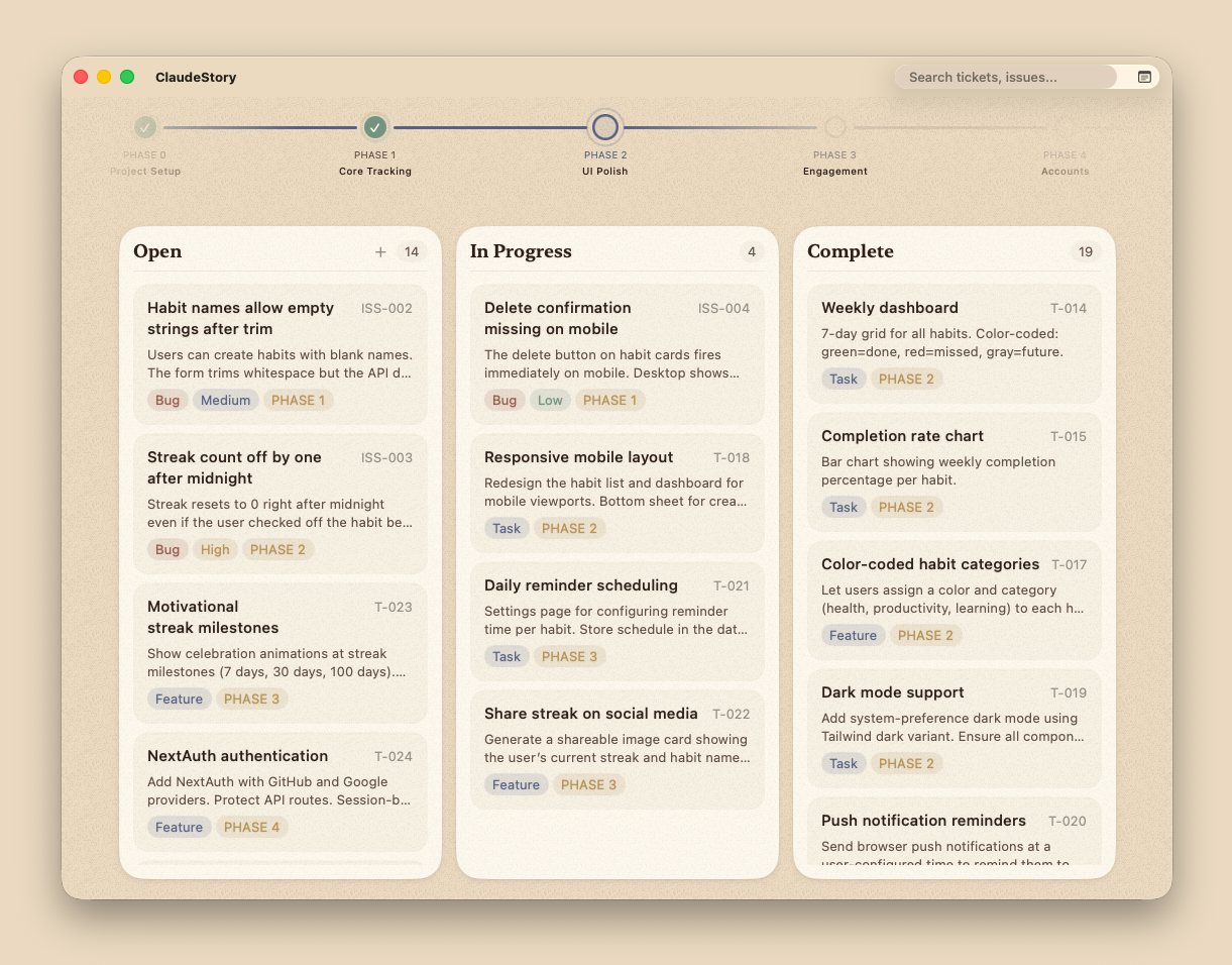 ClaudeStory kanban board showing tickets and issues across phases